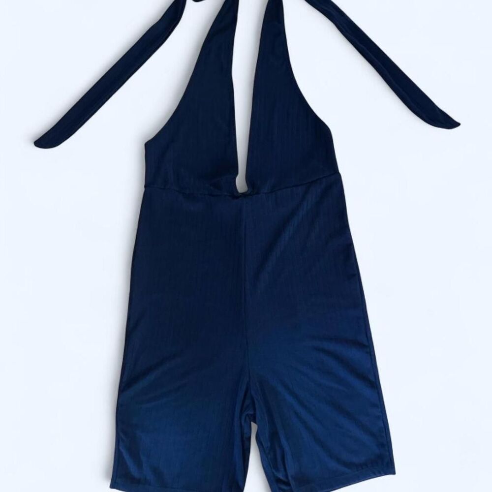 Capella Navy Blue Halter Romper Playsuit Stretch NWT Size L